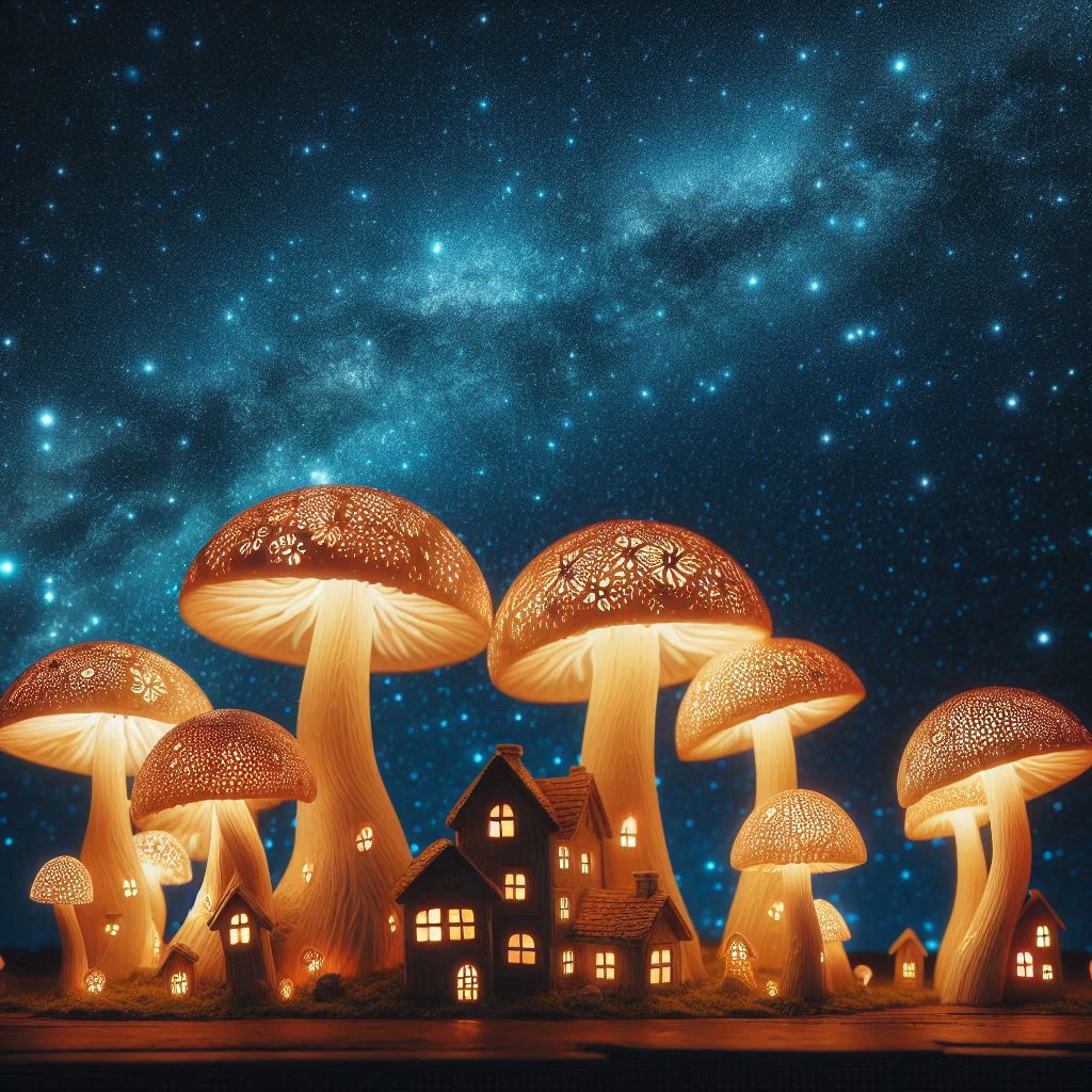 Glowing mushrooms with tiny houses carved into them, under a star-speckled sky.