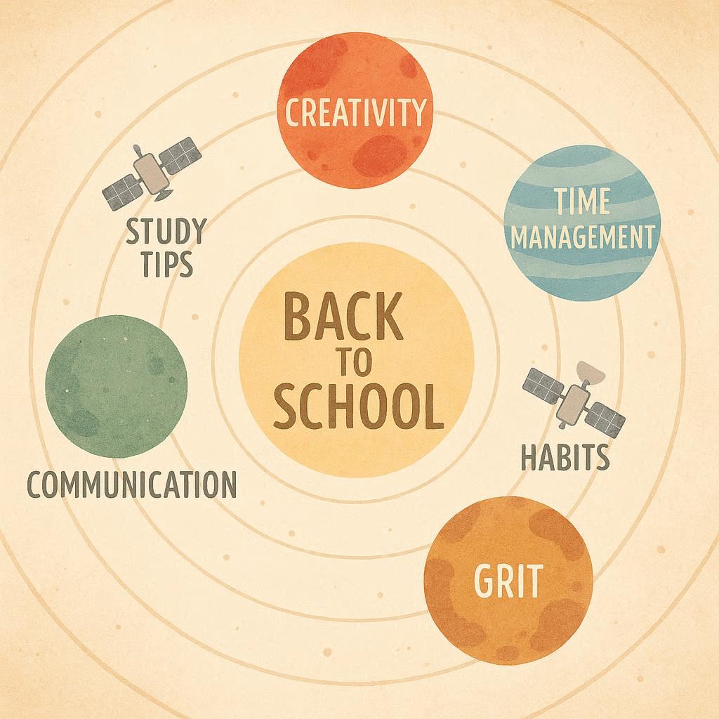 A solar system-style infographic where each planet represents a core skill like Creativity, Time Management, Grit and the Sun is Back to School. Include 4 planets evenly spaced around the Sun. Man-made satellites represent study tips or habits. 1:1 format, soft celestial palette with clear labels.