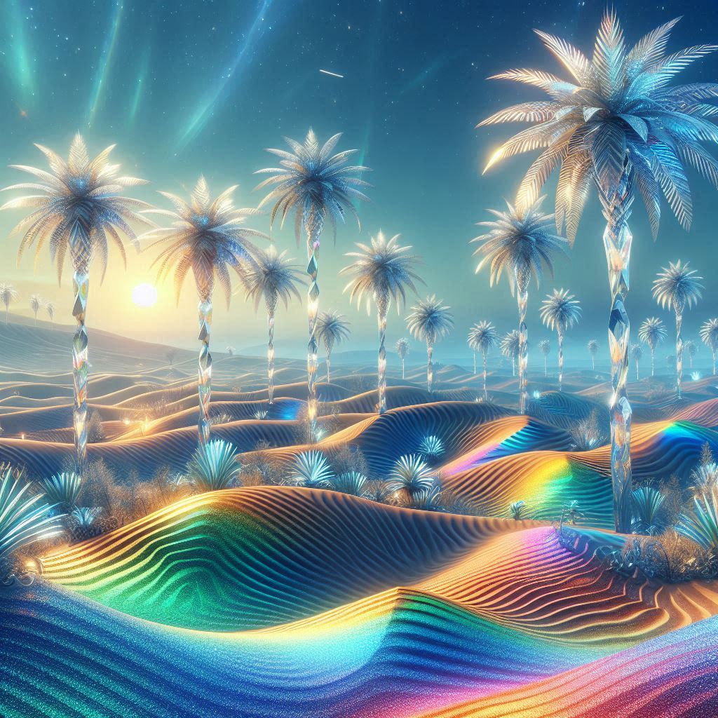 Mirage-like oasis with shimmering crystal palm trees and rainbow sand dunes.